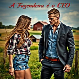 A stunning 18-year-old farmer girl with long flowing hair, wearing a plaid shirt and denim shorts, and a handsome, muscular CEO in a fitted suit, both locked in an intense gaze filled with desire and anger