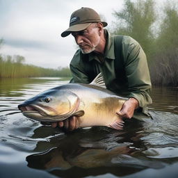 A hyper-realistic scene of an angler in a daunting struggle with a massive predatory catfish, capturing the raw power of nature