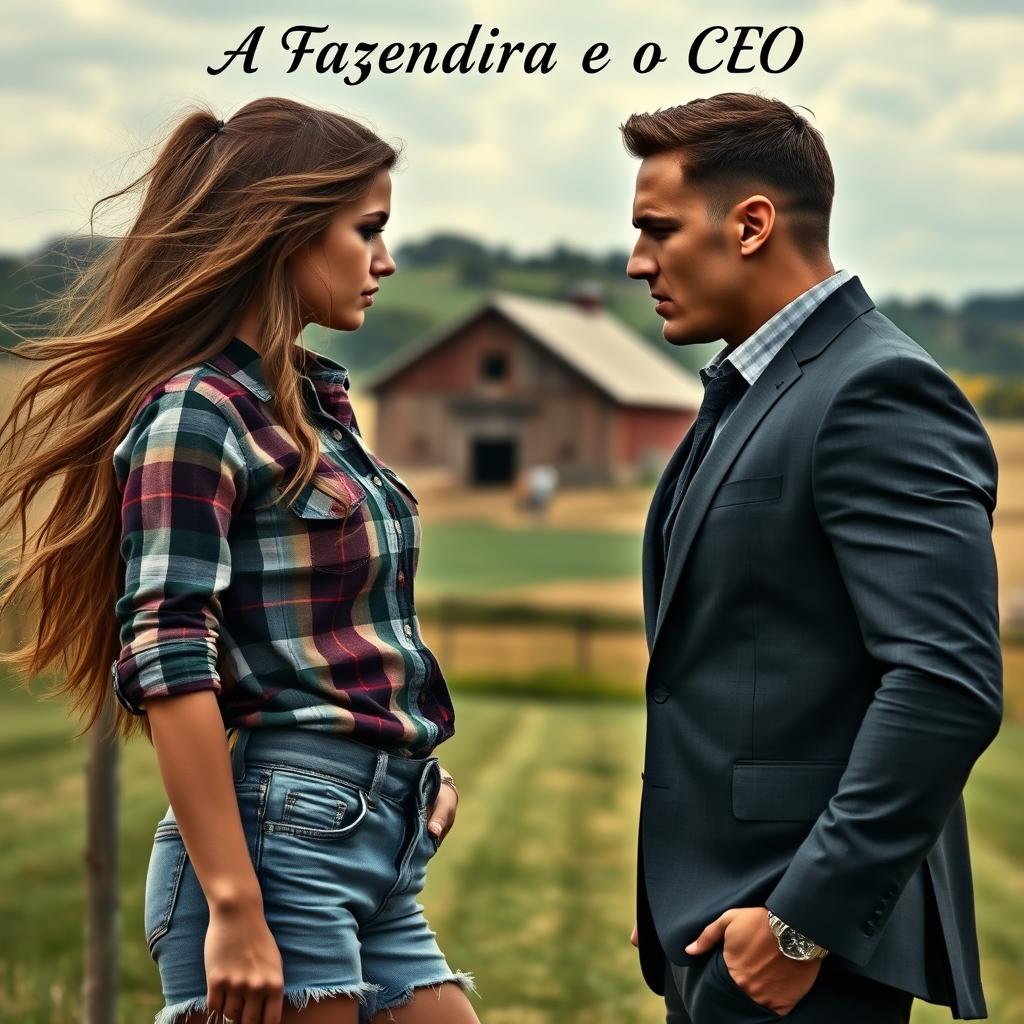 A stunning 18-year-old farmer girl with long flowing hair, wearing a plaid shirt and denim shorts, and a handsome, muscular CEO in a fitted suit, both locked in an intense gaze filled with desire and anger