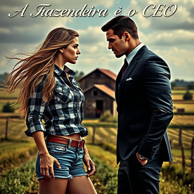 A stunning 18-year-old farmer girl with long flowing hair, wearing a plaid shirt and denim shorts, and a handsome, muscular CEO in a fitted suit, both locked in an intense gaze filled with desire and anger