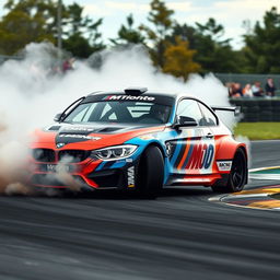 A BMW M10 racing drift car in action, kicking up dust as it expertly navigates a tight corner on a racetrack