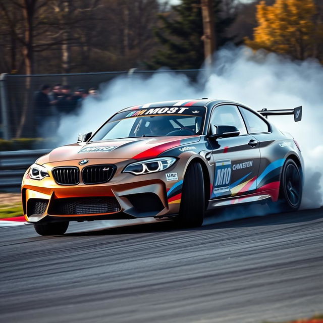 A BMW M10 racing drift car in action, kicking up dust as it expertly navigates a tight corner on a racetrack