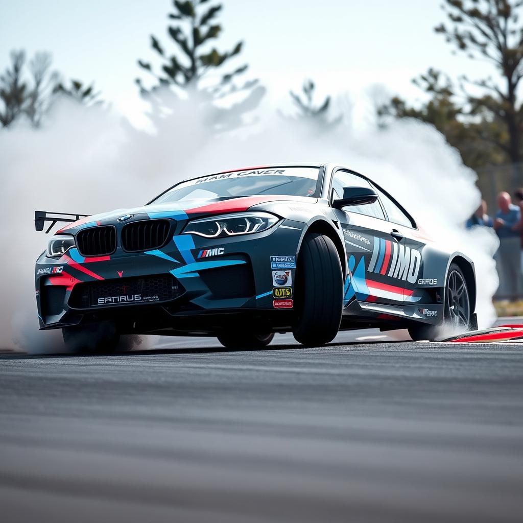 A BMW M10 racing drift car in action, kicking up dust as it expertly navigates a tight corner on a racetrack