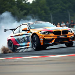 A BMW M10 racing drift car in action, kicking up dust as it expertly navigates a tight corner on a racetrack