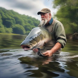 A hyper-realistic scene of an angler in a daunting struggle with a massive predatory catfish, capturing the raw power of nature