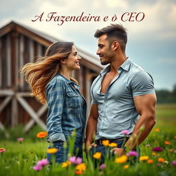 A captivating book cover depicting a beautiful 18-year-old female farmer and a handsome, muscular CEO in a rural setting