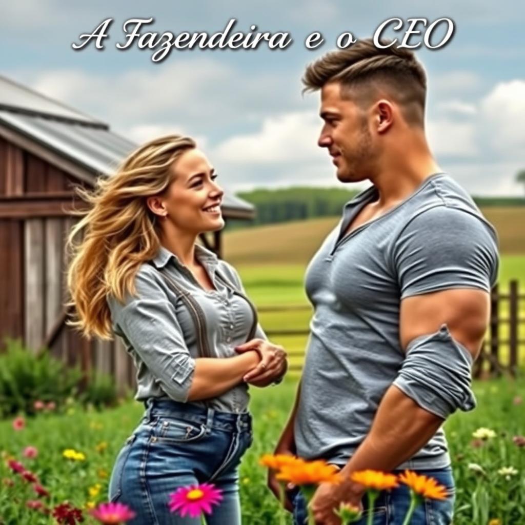 A captivating book cover depicting a beautiful 18-year-old female farmer and a handsome, muscular CEO in a rural setting