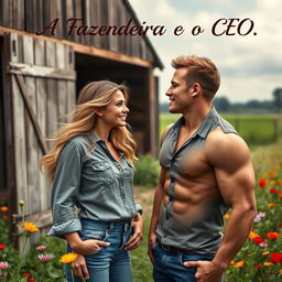 A captivating book cover depicting a beautiful 18-year-old female farmer and a handsome, muscular CEO in a rural setting