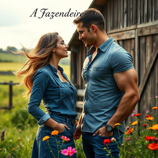 A captivating book cover depicting a beautiful 18-year-old female farmer and a handsome, muscular CEO in a rural setting