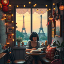 A whimsical and colorful scene inspired by the film Amélie, capturing a Parisian café filled with quirky decorations and charming details