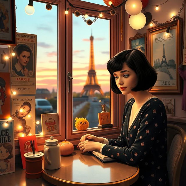 A whimsical and colorful scene inspired by the film Amélie, capturing a Parisian café filled with quirky decorations and charming details