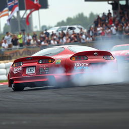 A 2005 Toyota Supra drift car skillfully executing a drift on a racetrack, with the rear tires spinning and smoke billowing behind
