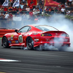 A 2005 Toyota Supra drift car skillfully executing a drift on a racetrack, with the rear tires spinning and smoke billowing behind