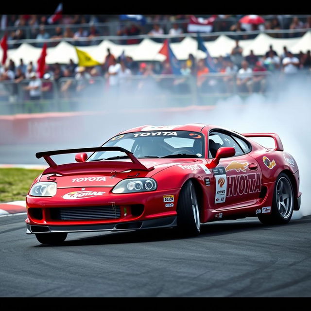 A 2005 Toyota Supra drift car skillfully executing a drift on a racetrack, with the rear tires spinning and smoke billowing behind