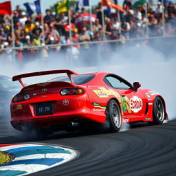 A 2005 Toyota Supra drift car skillfully executing a drift on a racetrack, with the rear tires spinning and smoke billowing behind