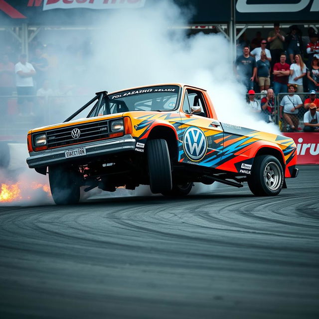 A Volkswagen Constellation drift truck showcased in a thrilling Formula Drift event, expertly maneuvering through a sharp turn with tires smoke and sparks flying