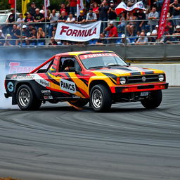 A Volkswagen Constellation drift truck showcased in a thrilling Formula Drift event, expertly maneuvering through a sharp turn with tires smoke and sparks flying