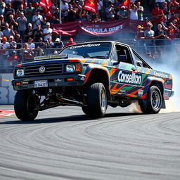 A Volkswagen Constellation drift truck showcased in a thrilling Formula Drift event, expertly maneuvering through a sharp turn with tires smoke and sparks flying