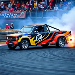 A Volkswagen Constellation drift truck showcased in a thrilling Formula Drift event, expertly maneuvering through a sharp turn with tires smoke and sparks flying