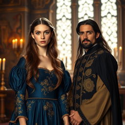 In a 16th century setting, an elegant 18-year-old Earl's daughter stands gracefully