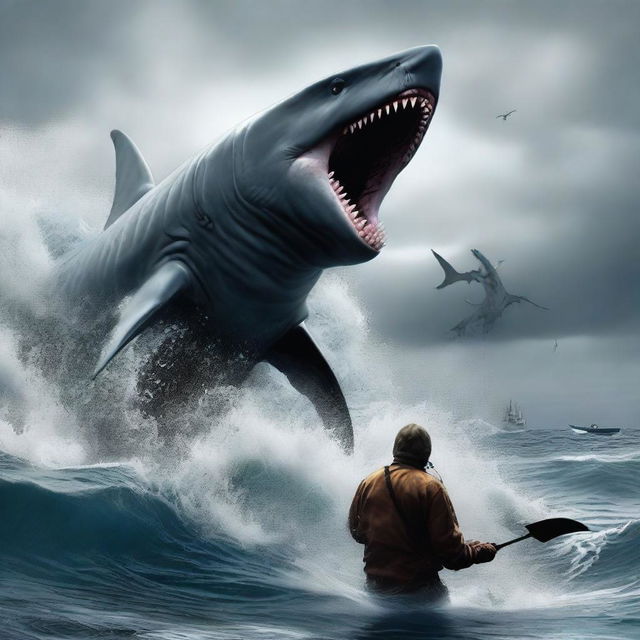 A hyper-realistic image of a fisherman in an intense duel with a Godzilla-sized shark in the middle of the ocean, the magnitude of the situation amplified by the monstrous catch