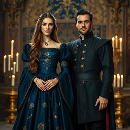 In a 16th century setting, an elegant 18-year-old Earl's daughter stands gracefully