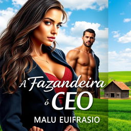 A captivating romance book cover featuring a stunning 18-year-old young female farmer with long hair and an attractive voluptuous figure, beside a handsome and muscular man dressed in a sharp suit
