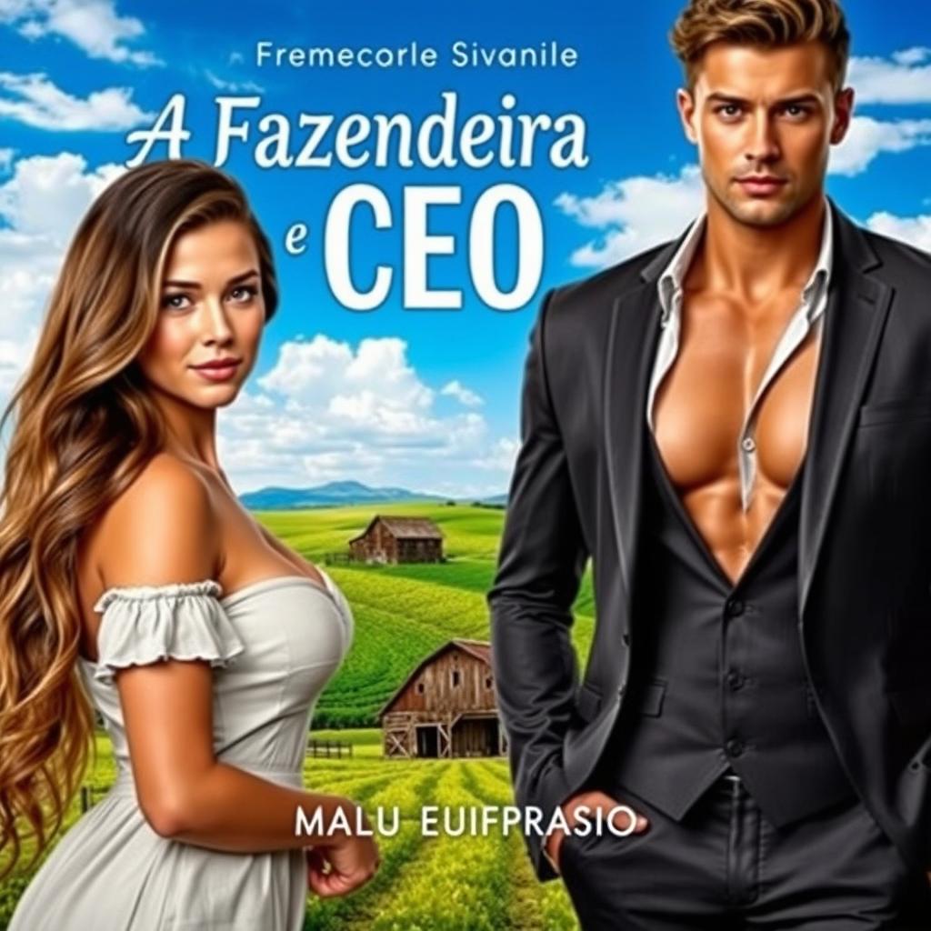 A captivating romance book cover featuring a stunning 18-year-old young female farmer with long hair and an attractive voluptuous figure, beside a handsome and muscular man dressed in a sharp suit