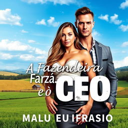 A captivating romance book cover featuring a stunning 18-year-old young female farmer with long hair and an attractive voluptuous figure, beside a handsome and muscular man dressed in a sharp suit