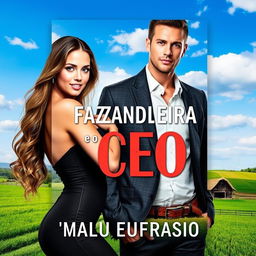 A captivating romance book cover featuring a stunning 18-year-old young female farmer with long hair and an attractive voluptuous figure, beside a handsome and muscular man dressed in a sharp suit