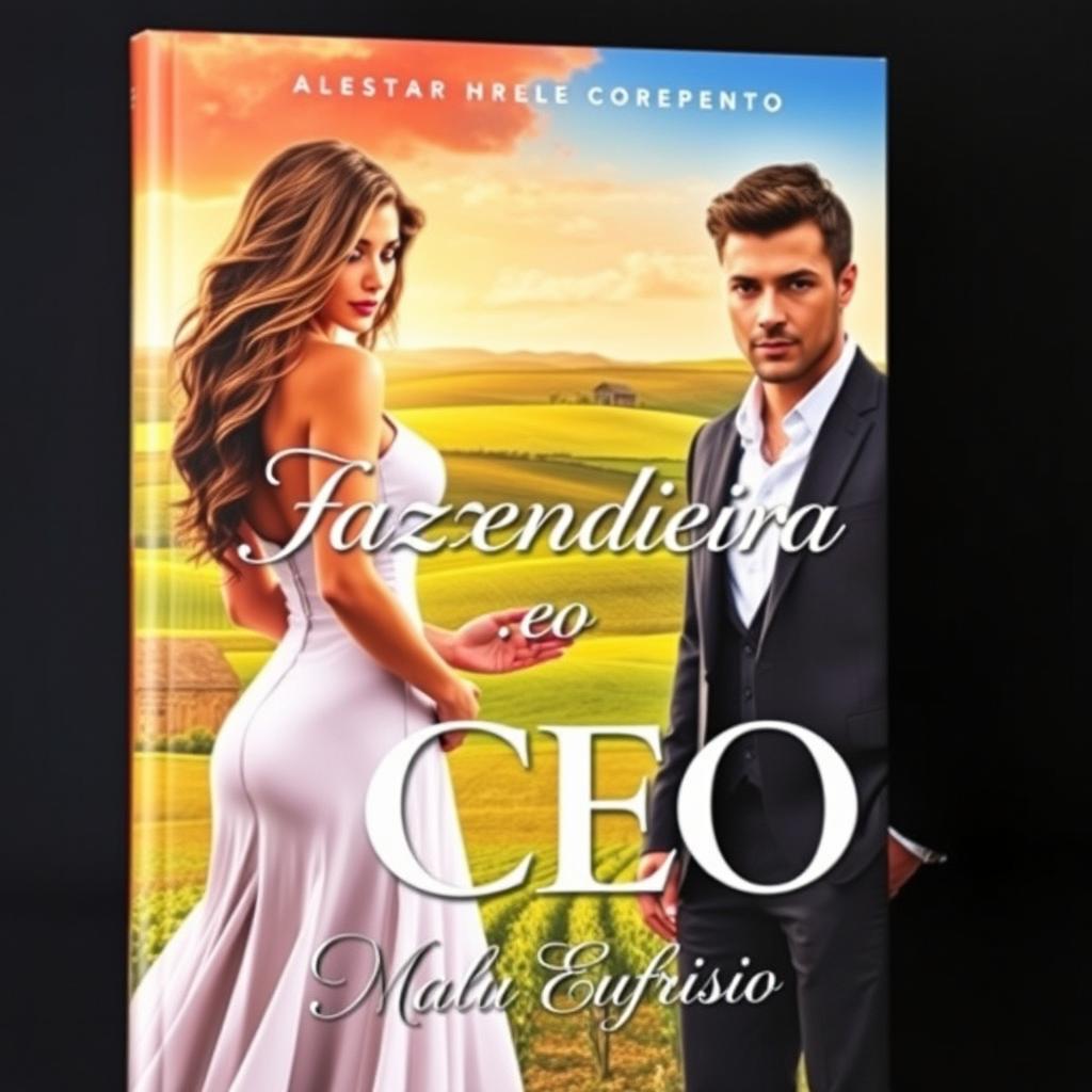 A captivating romance book cover featuring a stunning 18-year-old young farmer with long, flowing hair and a curvy silhouette, alongside a handsome, muscular man in a sharp suit