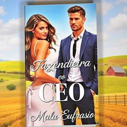 A captivating romance book cover featuring a stunning 18-year-old young farmer with long, flowing hair and a curvy silhouette, alongside a handsome, muscular man in a sharp suit