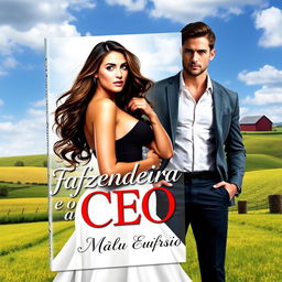 A captivating romance book cover featuring a stunning 18-year-old young farmer with long, flowing hair and a curvy silhouette, alongside a handsome, muscular man in a sharp suit