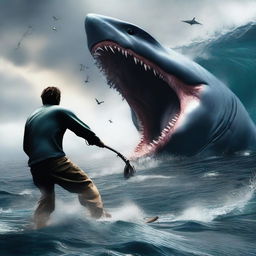 A hyper-realistic image of a fisherman in an intense duel with a Godzilla-sized shark in the middle of the ocean, the magnitude of the situation amplified by the monstrous catch