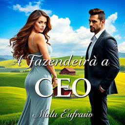 A captivating romance book cover featuring a stunning 18-year-old young farmer with long, flowing hair and a curvy silhouette, alongside a handsome, muscular man in a sharp suit