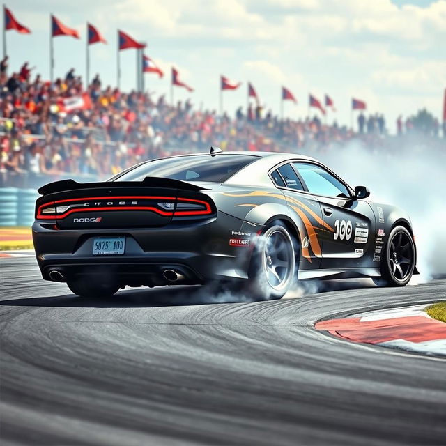 A Dodge Charger drift car capturing the essence of high-speed drift racing as it powers through a sharp turn, with its rear tires spinning and clouds of smoke trailing behind