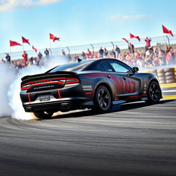 A Dodge Charger drift car capturing the essence of high-speed drift racing as it powers through a sharp turn, with its rear tires spinning and clouds of smoke trailing behind