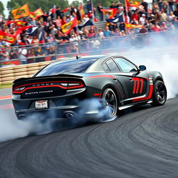 A Dodge Charger drift car capturing the essence of high-speed drift racing as it powers through a sharp turn, with its rear tires spinning and clouds of smoke trailing behind