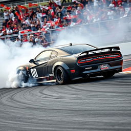 A Dodge Charger drift car capturing the essence of high-speed drift racing as it powers through a sharp turn, with its rear tires spinning and clouds of smoke trailing behind