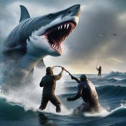 A hyper-realistic image of a fisherman in an intense duel with a Godzilla-sized shark in the middle of the ocean, the magnitude of the situation amplified by the monstrous catch