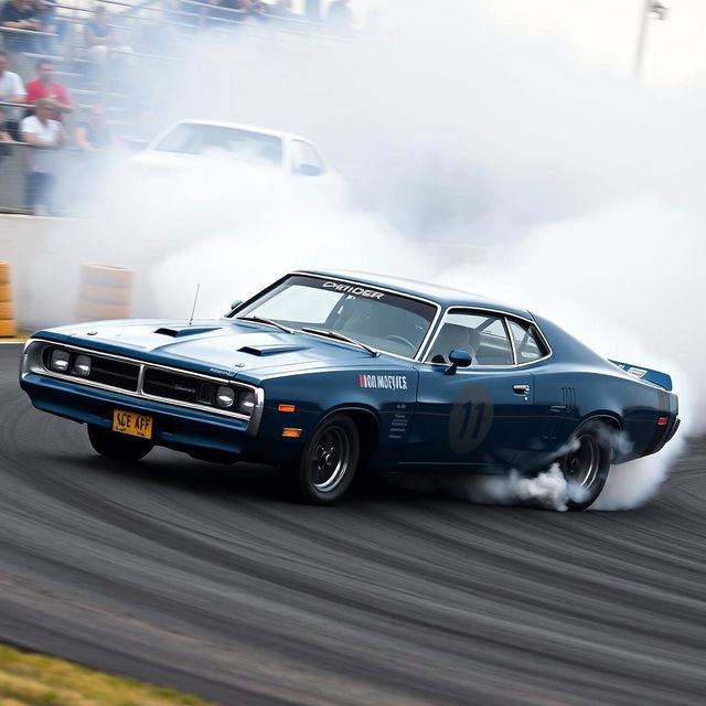 A 1980 Dodge Charger drift car in action, elegantly maneuvering through a tight turn on a racetrack, with clouds of tire smoke billowing behind