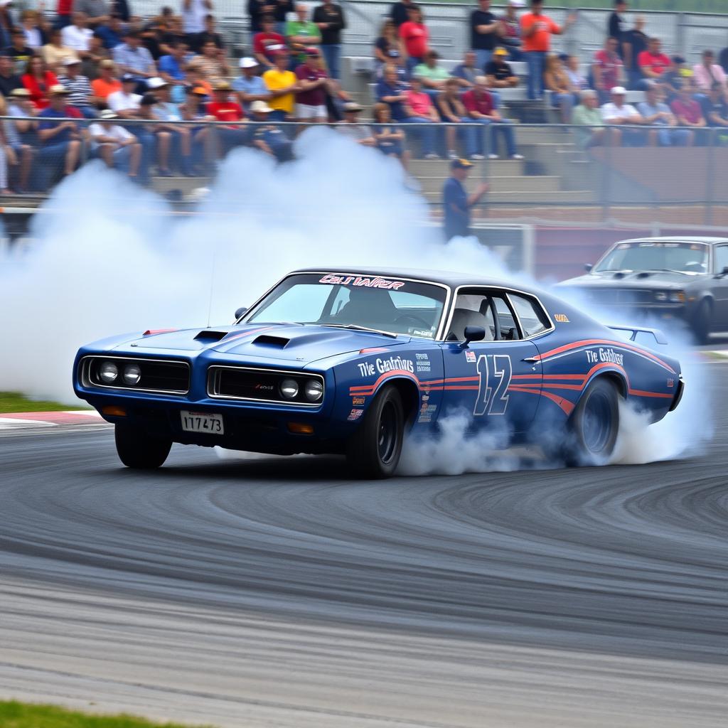 A 1980 Dodge Charger drift car in action, elegantly maneuvering through a tight turn on a racetrack, with clouds of tire smoke billowing behind