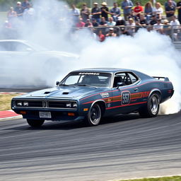 A 1980 Dodge Charger drift car in action, elegantly maneuvering through a tight turn on a racetrack, with clouds of tire smoke billowing behind
