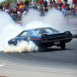 A 1980 Dodge Charger drift car in action, elegantly maneuvering through a tight turn on a racetrack, with clouds of tire smoke billowing behind