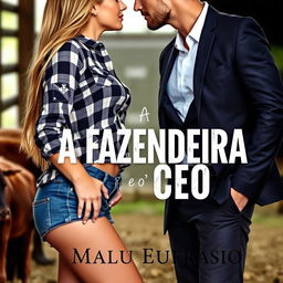 A captivating romance novel cover featuring a stunning young female farmer, 18 years old, with long hair and an attractive figure, wearing a short denim shorts and a plaid shirt