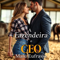 A captivating romance novel cover featuring a stunning young female farmer, 18 years old, with long hair and an attractive figure, wearing a short denim shorts and a plaid shirt