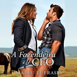 A captivating romance novel cover featuring a stunning young female farmer, 18 years old, with long hair and an attractive figure, wearing a short denim shorts and a plaid shirt
