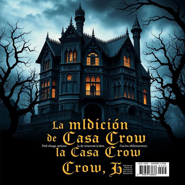 The back cover design for a book titled 'La Maldición de la Casa Crow'