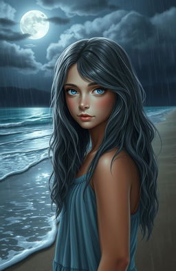A realistic portrayal of a teenage girl with long, wavy gray hair and striking blue eyes