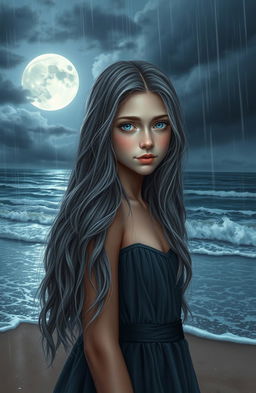A realistic portrayal of a teenage girl with long, wavy gray hair and striking blue eyes